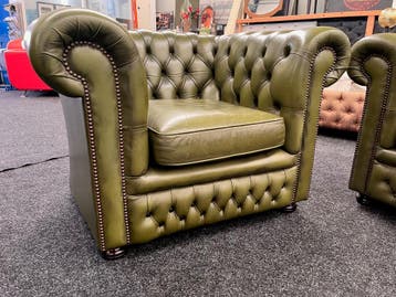 Chesterfield Maarssen !! Groen Leren Chesterfield Club Chair, Huis en Inrichting, Ophalen, Zo goed als nieuw, Leer, Chesterfield