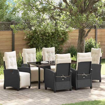 vidaXL Tuin eettafelset met kussen 7 pcs Zwart poly rattan, Tuin en Terras, Verzenden, Nieuw, Rotan, 7 zitplaatsen