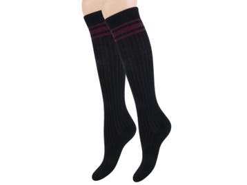 Dames Kniekousen - Naadloos - Rib - Strepen - Zwart/Bordeaux, Verzenden, Nieuw