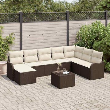 vidaXL Tuin Sofa Set 9 st Bruin en wit poly rattan, Verzenden, Nieuw, Rotan, Meer dan 8 zitplaatsen