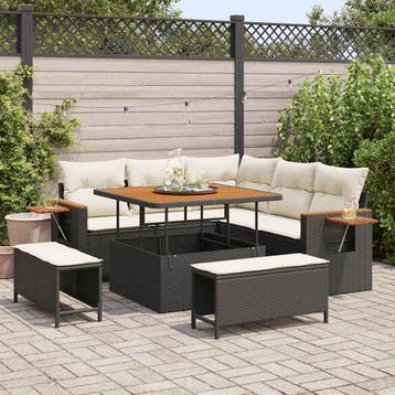 vidaXL Tuinbankenset 9 st 8-Aantal zitplaatsen Zwart en, Verzenden, Nieuw, Rotan, Meer dan 8 zitplaatsen