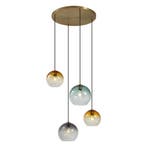 Hanglamp brons met smoke amber en groen glas rond 4-lichts, Verzenden, Nieuw, Art Deco