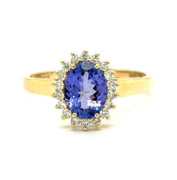 Ring - 14 karaat Geel goud - 1.33ct. tw. Tanzaniet - Diamant, Nieuw