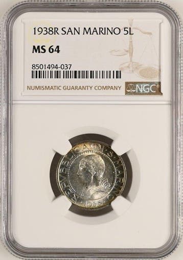 San Marino. 5 Lire 1938 - NGC MS64, Postzegels en Munten, Munten | Europa | Niet-Euromunten