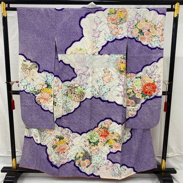 Japans vintage kimono furisode, zijde, blauw, Sibori,