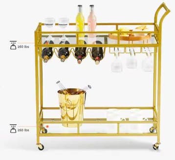 Gouden Barwagen met Wijnrek en Glashouder op Wielen, Verzenden, Nieuw
