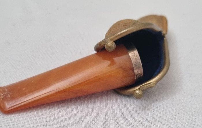 Zonder minimumprijs - Pijp - Amber, .585 (14 kt) goud, Leder, Verzamelen, Rookartikelen, Aanstekers en Luciferdoosjes