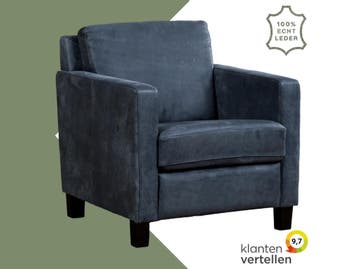 Leren fauteuil Smart - Kenia Denim (blauw) - Poten hout, Nieuw, Ophalen of Verzenden, Bohemian, Eigentijds, Modern, Retro, 50 tot 75 cm