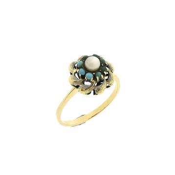 Vintage gouden ring met turquoise en parel, Gebruikt, 19 tot 20, Ophalen of Verzenden, Met edelsteen
