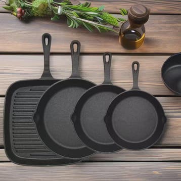 Set van 4 Gietijzeren Koekenpannen - Non-stick, Vooraf Ingeb, Verzenden, Nieuw