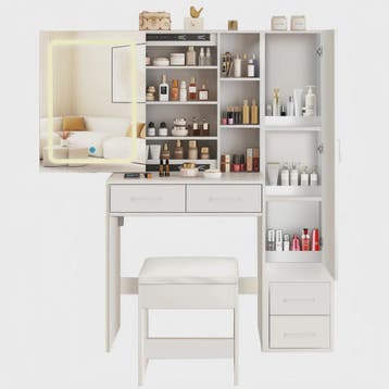 Dressing Tafel met LED Spiegel, 4 Lades en 1 Deur - Wit, Ele, Verzenden, Nieuw