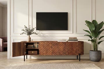 TV-bord ADLON 200 cm 3D massief mangohout met zwart frame -, Ophalen of Verzenden, Nieuw