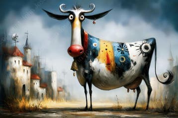 John Joseb Art glasschilderij stier, koe, humor, absdtract, Oorspronkelijke maker, Verzenden, Nieuw, Schilderij