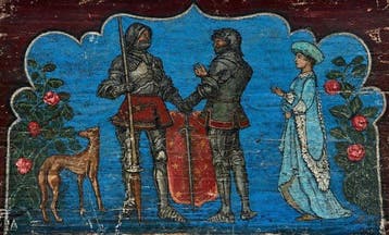 Scuola italiana (XV-XVI) - Scena cortese con cavalieri, dama