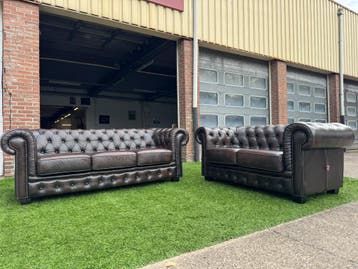 Bankstel CHESTERFIELD 3+ 2 zit banken bruin leer ZGAN, Design, Zo goed als nieuw, Rechte bank, Leer