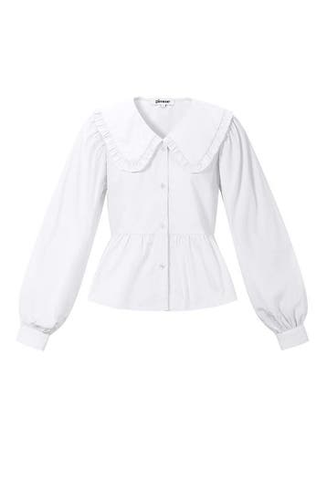 Katoenen Blouse met Pofmouwen & Grote Kraag - Wit / M, Verzenden, Nieuw