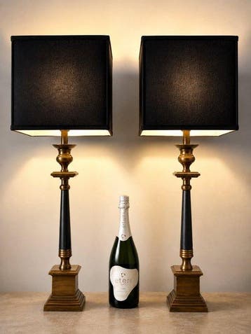 Tafellamp - Messing, Leder - Twee tafellampen