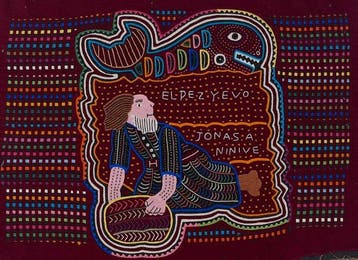 Borduren - Kunstwerk dat Jona en de walvis (of grote vis)