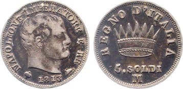 5 Soldi 1813 M, Italien Napoleone min Rf, schoene Patina..., Verzenden