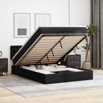 vidaXL Bed poef met matrassen en LEDs 140x190cm kunstleer, Overige materialen, Verzenden, Zwart, Nieuw