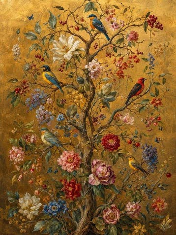 Shayer - Golden Garden – Symphony of Birds - XL - 60x80cm -, Antiek en Kunst, Curiosa en Brocante