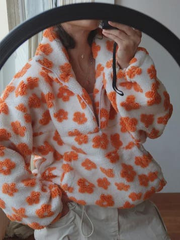 Dames Sherpa Pullover Hoodie met Bloemenprint en Halve Rits, Verzenden, Nieuw