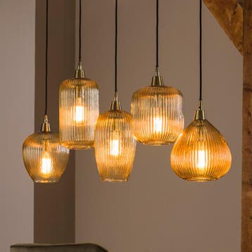 *WOONWINKEL* Hanglamp Met 5 Amberkleurige Kappen, Huis en Inrichting, Lampen | Hanglampen, Verzenden, Nieuw