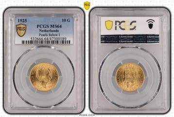 Gouden Wilhelmina 10 gulden 1925 MS64 Pearl below I variant, Verzenden, Goud, Koningin Wilhelmina, Losse munt