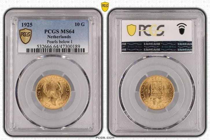Gouden Wilhelmina 10 gulden 1925 MS64 Pearl below I variant, Postzegels en Munten, Munten | Nederland, Losse munt, 10 gulden, Koningin Wilhelmina