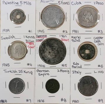 Palestina, Japan, Zweden, andere. World Coins, Lot of 9