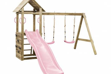 Houten speeltoestel met dubbele schommel, glijbaan Roze, Ophalen of Verzenden, Nieuw