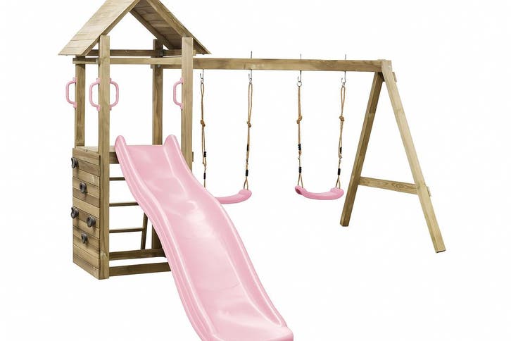 Houten speeltoestel met dubbele schommel, glijbaan Roze, Kinderen en Baby's, Speelgoed | Overig, Nieuw, Ophalen of Verzenden