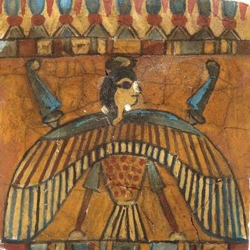 Oud-Egyptisch Kartonnage Veelkleurig paneel met Ba-vogel