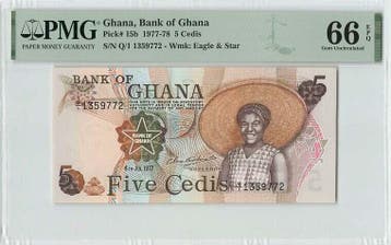 1977 Ghana 5 Cedis Pick 15b Pmg Gem Unc 66 Epq, Verzenden