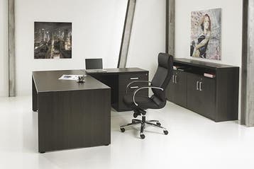 Directiebureau donker eiken 210x210cm met ladeblok, Ophalen of Verzenden, Nieuw
