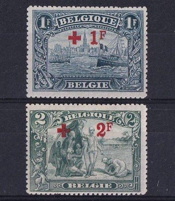 België 1918 - Rode Kruis 1F+1F Donkergrijsblauw en 2F+2F, Postzegels en Munten, Postzegels | Europa | België, Gestempeld