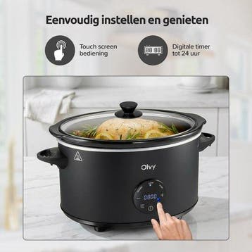 Slowcooker met Timer - 6L - Glazen deksel - Zwart - Olvy •, Verzenden, Zo goed als nieuw