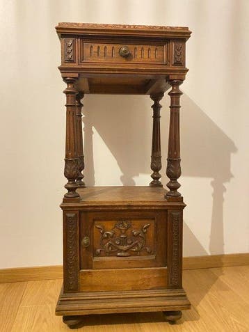 Nachtkastje - Walnoot, Marmer - Rond 1880, Nieuw