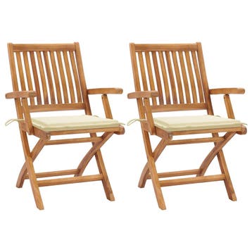 vidaXL Inklapbare stoelen 2 st met crèmekleurige kussens, Verzenden, Nieuw, Teakhout