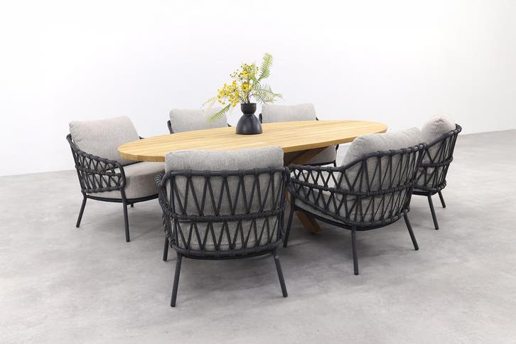 4SO Calpi/Prado Ellips Low Dining Tuinset 7-delig -, Tuin en Terras, Tuinsets en Loungesets, Tuinset, Nieuw, Hout, Verzenden