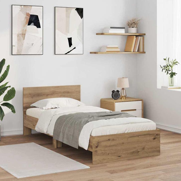 vidaXL Bedframe met hoofdeinde Artisan Eiken 90 x 200 cm, Huis en Inrichting, Slaapkamer | Bedden, Bruin, Nieuw, Hout, Verzenden