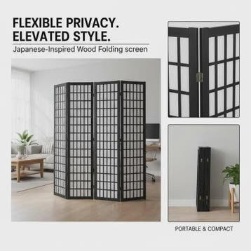 Zwart Houten Kamerscherm met 4 Panel - Japans Design & Ruimt, Verzenden, Nieuw