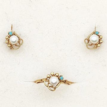 2-delige sieradenset - 18 karaat Geel goud Parel - Turquoise