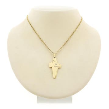 Gouden hanger van een abstract kruis met diamant; 0,05 ct., Ophalen of Verzenden, Gebruikt, Goud, Overige merken