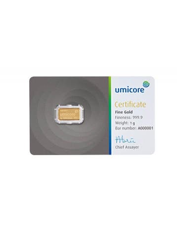 1 gram goudbaar Umicore met certificaat LBMA gecertificeerd, Verzenden, Goud