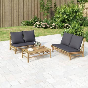 vidaXL 3-delige Loungeset met kussens bamboe donkergrijs, Verzenden, Nieuw, Hout, Loungeset