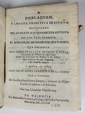 José Pellicer de Ossau y Tovar - Poblacion, y Lengua