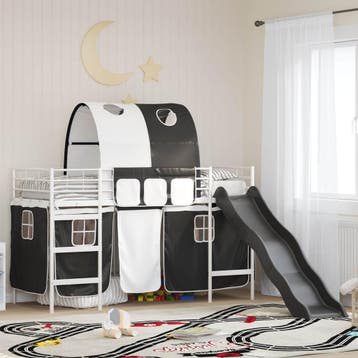 vidaXL Bunkbed voor kinderen met gordijnen Wit en zwart 100, Verzenden, Nieuw, Wit, Metaal