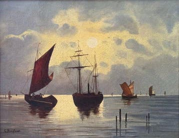 Europese school (XIX) - Marina con barche al tramonto