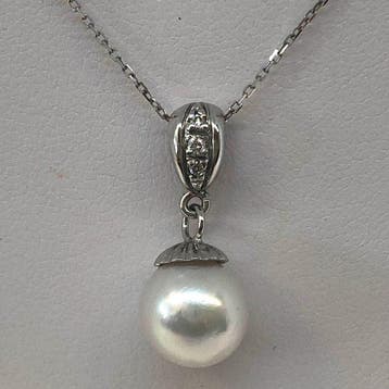 Halsketting - 18 karaat Witgoud Parel - Diamant, Nieuw